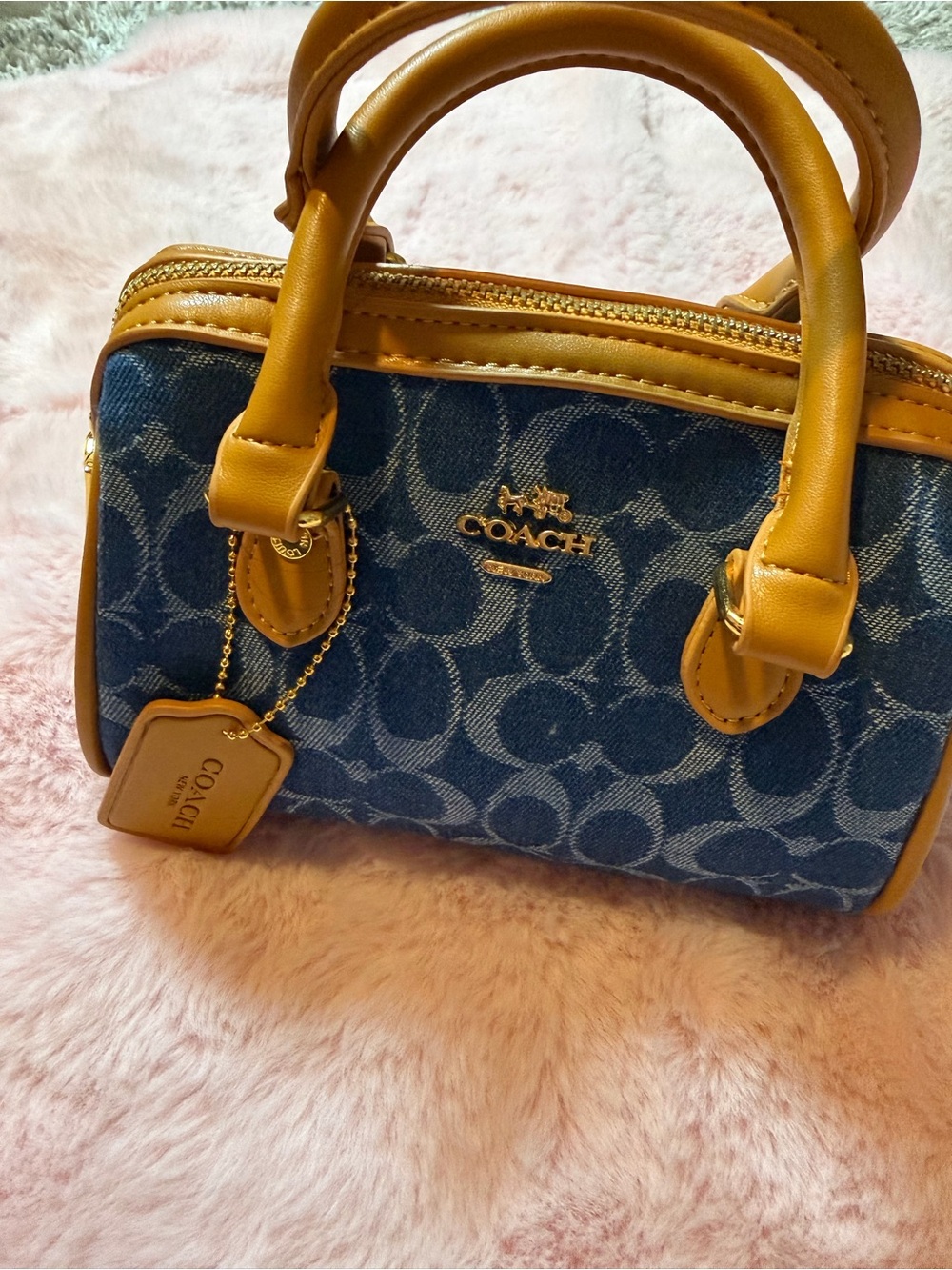 Coach Blue Denim Mini Satchel with Tan Leather Trim